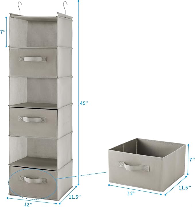 MAX Houser 6 Tier Shelf Hanging Closet Organizer, Closet Hanging Shelf with 2 Sturdy Hooks for Storage, Foldable (Light Grey-D3)