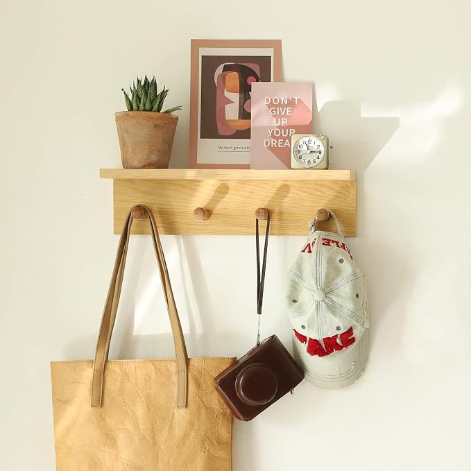 Small Entryway Shelf with Hooks, Wall Mounted Coat Rack with Shelf for Small Spaces, Wooden Floating Wall Organizer for Entryway, Mudroom, Nursery, Bathroom & Kitchen (Oak Finish)