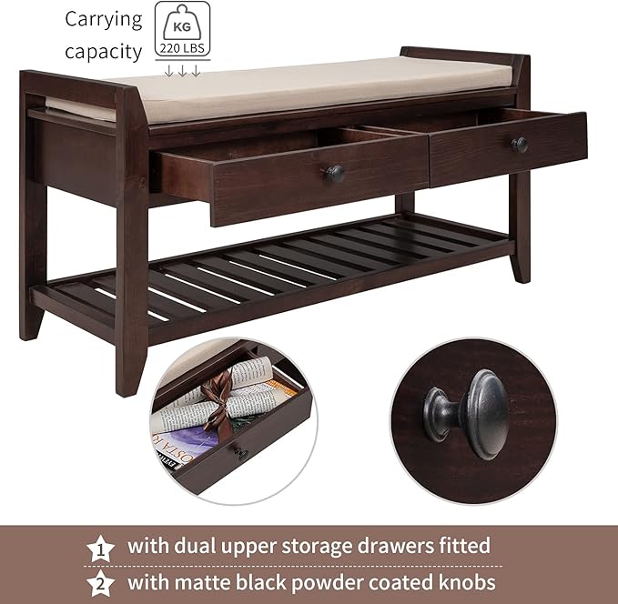 Knocbel Entry Storage Bench Shoes Rack with Cushioned Seat, 2 Drawers & Slatted Shelf, Living Room Entryway Hallway Foyer Shoe Bench Bedroom End of Bed Bench (Espresso 2-Drawer)