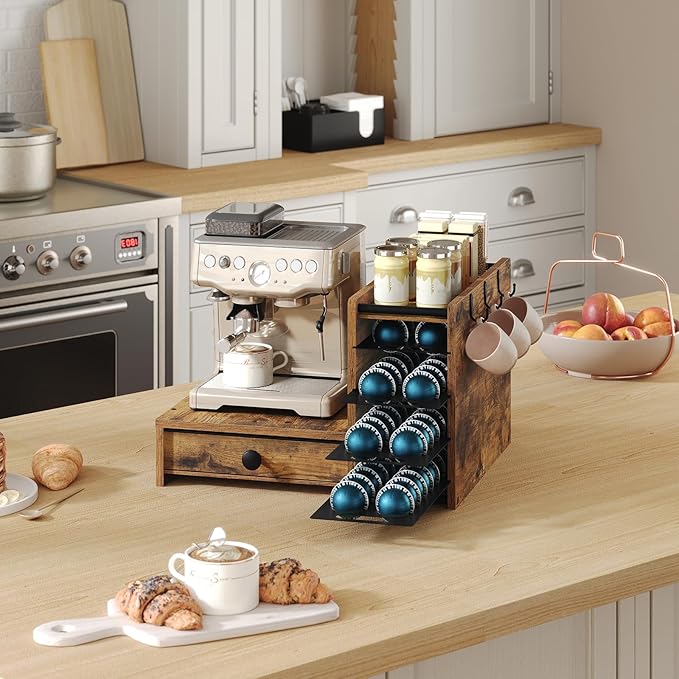 YATINEY Coffee Pod Drawer Holder, 4 Tier Holder for Vertuo, 72 Pods Large Capacity, Coffee Station Organizer with Storage Drawer and 3 Hooks, Rustic Brown and Black KH02BR