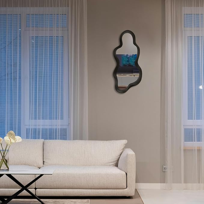 30"x 14" Irregular Wall Mirror, Wooden Black Framed Wall Asymmetrical Wavy Mirror for Living Room Bedroom Entryway Bathroom Modern Decorative with Hanging Hooks