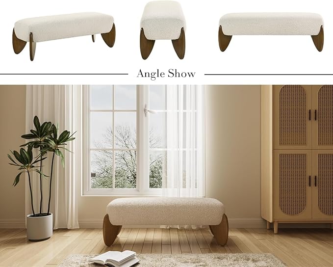 CIMOTA Boucle Entryway Bench Modern Beige End of Bed Bench for Bedroom/Hallway Mudroom/Living Room, Window Bench with Padded Seat/Scalloped Wooden Legs, 50 Inch Long/Sherpa