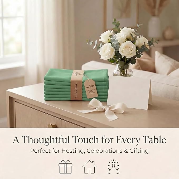 Urban Villa Cloth Napkins 100% Cotton Highly Absorbent Washable Durable Reusable Premium Dinner Napkins Ideal for Gifts for Mothers Day Hotel Farmhouse Parties - Green (20" x 20", Set of 12)