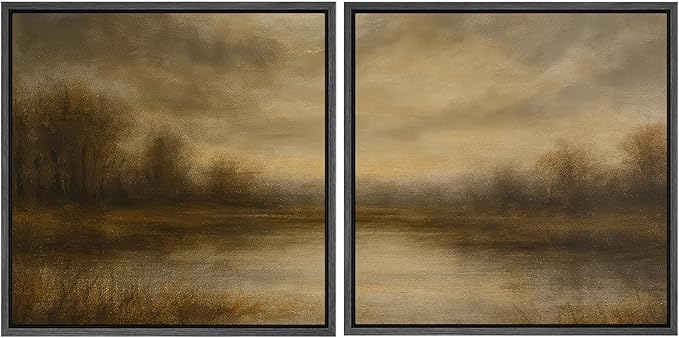 SIGNFORD Framed Canvas Print Wall Art Set Warm Brown Abstract Landscape Artwork, Moody Lake Reflection Illustrations Modern Art Minimal Relax/Calm for Living Room, Bedroom, Office - 16"x16"x2 BLACK