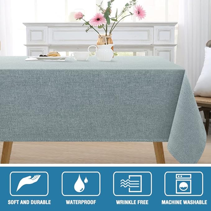 H.VERSAILTEX Linen Textured Tablecloth 60 x 102 Waterproof Decorative Table Cloth Spill-Proof Linen Look Cover for Party Table Extra Soft and Thick Fabric Wrinkle Free, Heather Aqua Gray