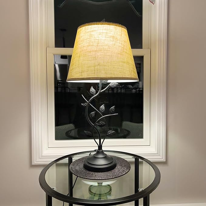 Kira Home Ambrose 31" Rustic Leaf Table Lamp with Beige Empire Fabric Shade, Traditional Black Vine Table Light with 7W LED Bulb, Matte Black Finish
