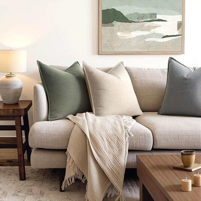 MIULEE Pack of 2 Thick Textured Couch Throw Pillow Covers 18x18, Olive Green Decorative Pillow Covers, Neutral Linen Cushion Cases for Sofa Bed Living Room Modern Farmhouse Home Decor, No Filling