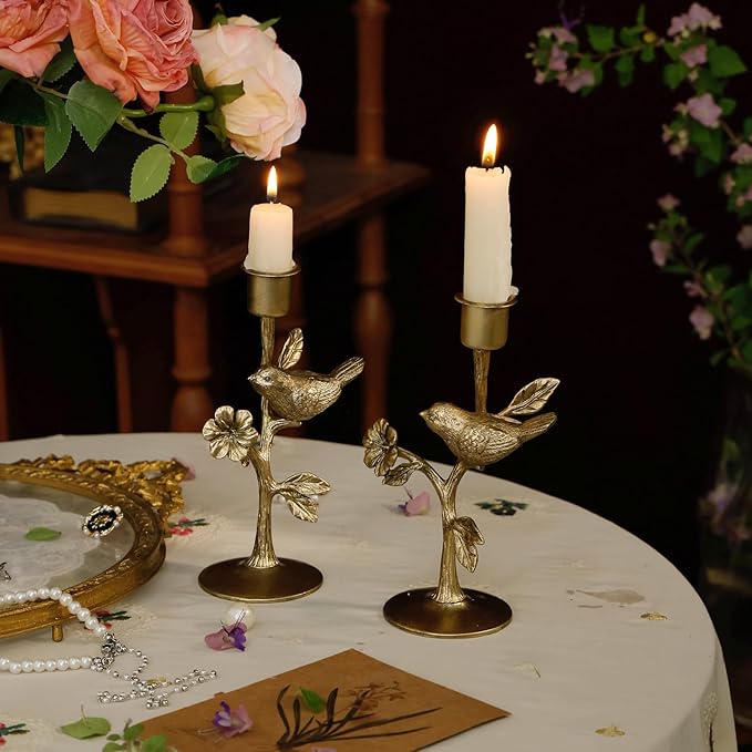 NIKKY HOME Vintage Gold Taper Candle Holders Set of 2, Birds on Branch Elegant Metal Flowers Candlestick for Table Centerpieces, Wedding Decor and Dinner Party