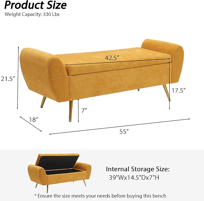 Storage Bench for Bedroom, 55" Extra Long Bench for King Size Bed, Modern Upholstered End of Bed Ottoman Bench with Arms for Entryway Living Room (Chenille, Mustard Yellow)