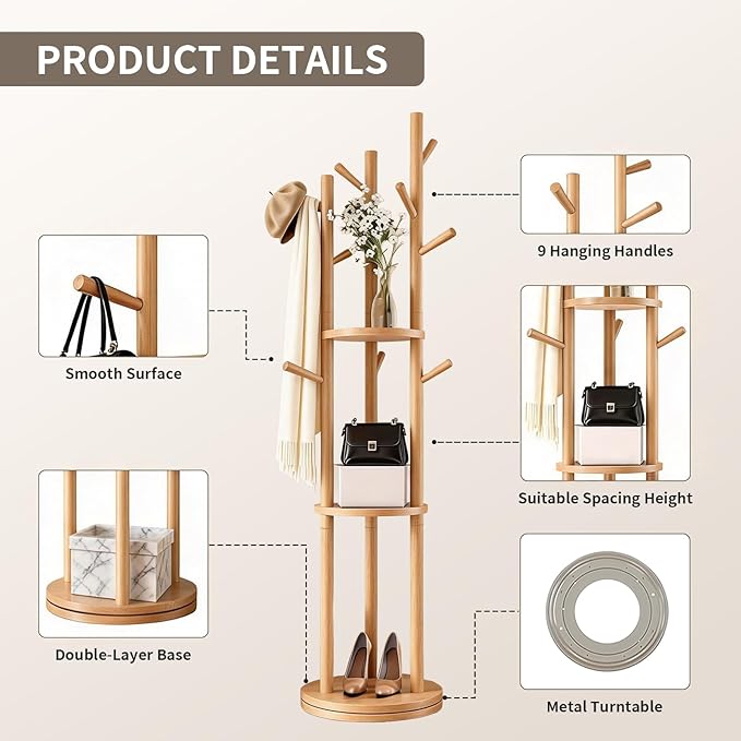 Solid Wood Rotary Coat Rack, Coat Rack Freestanding with 3 Storage Shelves & 9 hooks, Coat Tree for Entryway, Livingroom, Bedroom, Coat Hanger Stand for Coats, Scarves, Handbags, Hat (Natural)