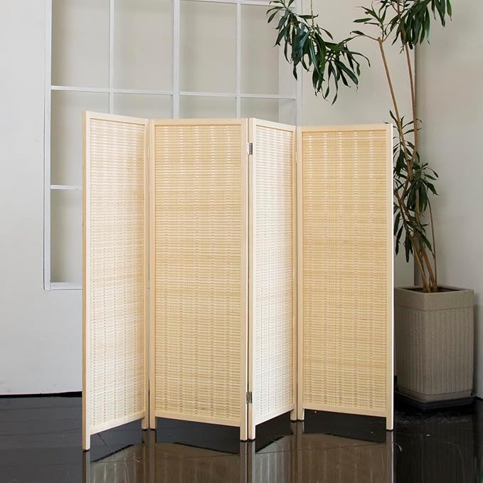 4 Panel Short Room Divider – 3.9 ft Tall Double-Side Folding Privacy Screen, Natural Beige Bamboo Partition Wall for Home Office, Living Room & Corner Spaces