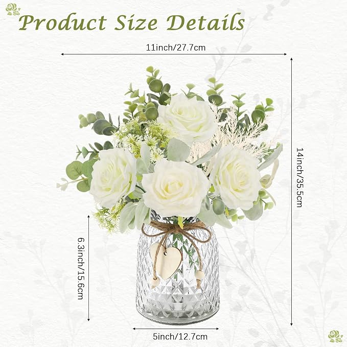 HOHOTIME Artificial Flowers with Vase, White Silk Roses Fake Flower Arrangement with Eucalyptus, Faux Plant Vase for Home Office Dining Table Centerpiece Coffee Table Decor Farmhouse Decoration