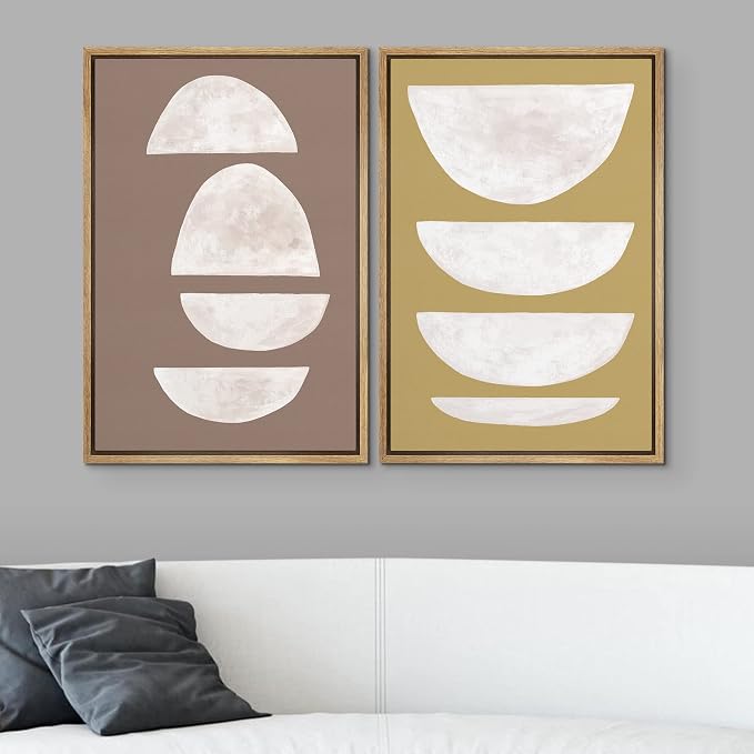 SIGNWIN Framed Canvas Print Wall Art Set Brown White Geometric Semi-Circles Abstract Shapes Illustrations Modern Art Minimal Boho Relax/Calm for Living Room, Bedroom, Office - 16"x24"x2 Natural