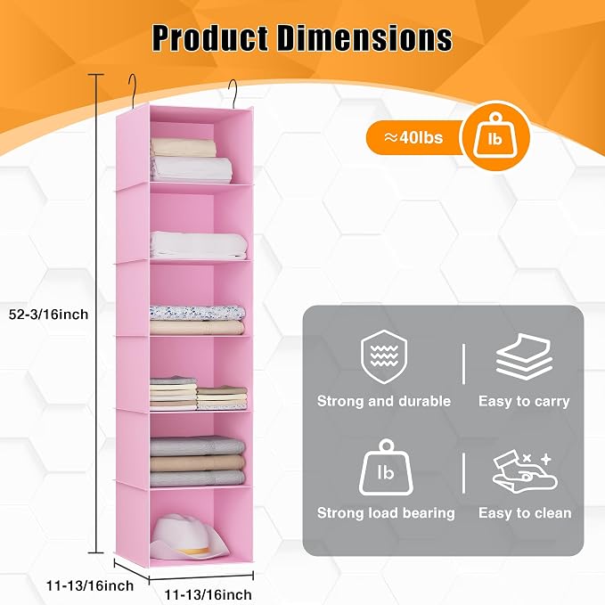 Hanging Closet Organizer, Easy Mount Foldable 6-Shelf Hanging Closet Wardrobe Storage Shelves, Clothes Handbag Shoes Accessories Storage, Washable Oxford Cloth Fabric, Pink