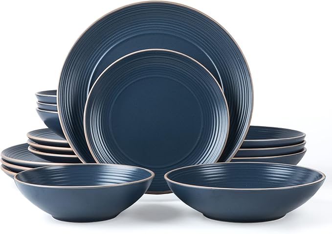 Arora RINGAR Round Stoneware 16pc Double Bowl Dinnerware Set for 4, Dinner Plates, Side Plates, Cereal Bowls, Pasta Bowls - Speckle Matte Blue (420796)