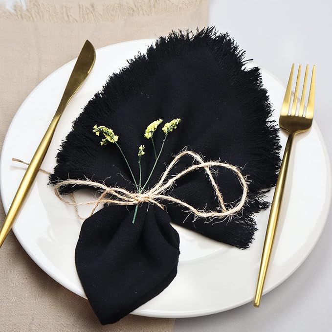 Handmade Cloth Napkins with Fringe,18 x 18 Inches Cotton Linen Napkins Set of 6 Versatile Handmade Square Rustic Fringe Napkins for Dinner, Wedding and Parties, Black