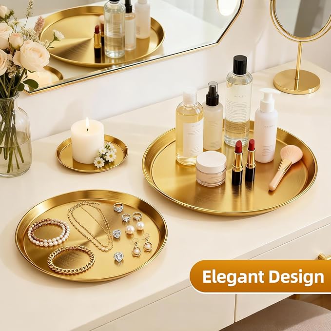 Round Gold Decorative Jewelry Tray - 3 Pack Stainless Steel Display Holder Tray Perfume Candle Key Decorative Storage Organizer for Desk Vanity Bathroom Dresser Kitchen Coffee Table