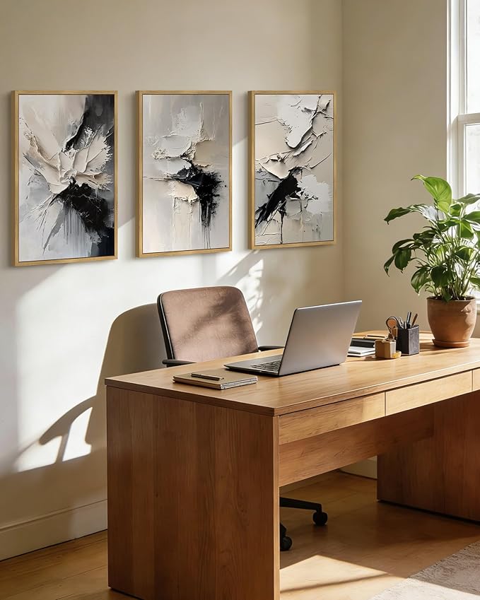 PHOPAGO Black Abstract Framed Wall Art Large 16x24in Minimalist Neutral Color Block Pastel Wall Decor Modern Brush Stroke Illustration Paints Home Decor - Natural Framed