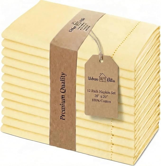 Urban Villa Cloth Napkins 100% Cotton Highly Absorbent Washable Reusable Premium Dinner Napkins Ideal for Gifts for Mothers Day Hotel Farmhouse Parties - Yellow - Hemstitch (20" x 20", Set of 12)