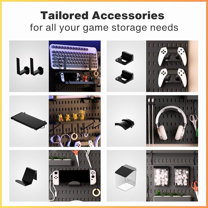 Keepo Peg Board Wall Organizer for Gaming Setup, Pegboard with Adhesives & Screw Mounts, Includes Peg Board Accessories for Gaming Accessories, Tech Storage & Office Organization (Black, 33″×22″)