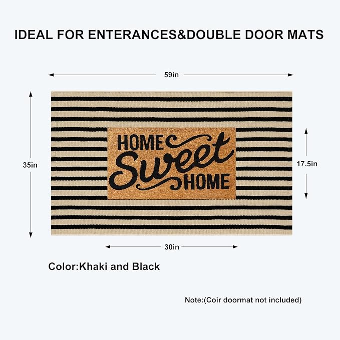 KIMODE Black and Khaki Striped Outdoor Rug 3'x 5', Washable Reversible Striped Outdoor Patio Rugs, Cotton Hand-Woven Farmhouse Welcome Layered Door Mats for Front Door, Entryway, Porch Decor