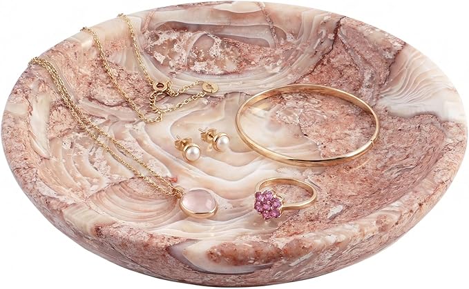Small Natural Marble Jewelry Tray Key Plate Holder Dish Trinket Decor Catch All Bowl for Ring Earring Stone Gift for Women Daugther,Shell Pink,5.5"