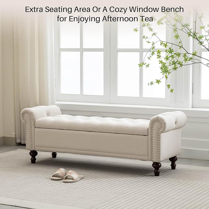 SOFTHION 58.1" Storage Bench Upholstered Linen End of Bedroom Bed Bench Ottoman with Tufted Cushioned Rolled Arm Large Storage Space for Reading Living Room Entryway, Beige
