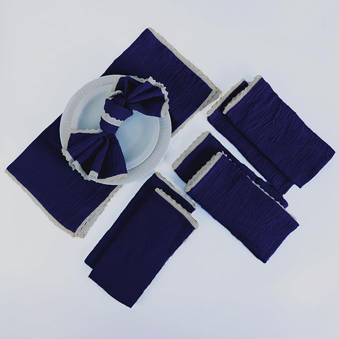 Fingercraft Dinner Cloth Napkin Cotton Muslin Double Gauze 8 Pack with Classic Lace for Everyday Use, Wedding, Party, Christmas, Easter Napkins Cloth are Pre Shrunk and Good Absorbency Navy