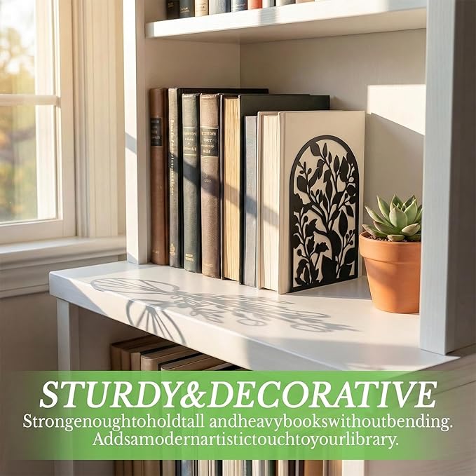 Sanwarm Metal Bookends Botanical Tree Book Ends Decorative Bookend for Home Office Library Desk Book Shelves Decor, Gift for Reading Enthusiasts Non-Skid Book Stoppers Holder (Black 2 Pair)