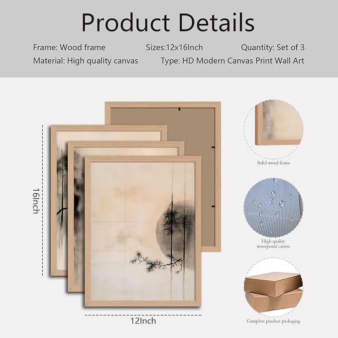 skysoon Minimalist Zen Wall Art Set of 3, Abstract Ink Landscape Canvas Prints, Neutral Pine Tree and Bird Artwork, Modern Japanese Scandinavian Wall Decor for Living Room Bedroom Office 12x16 Inch