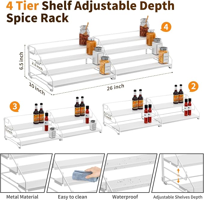 BOIVSHI Spice Organization for Cabinet, Spice Rack Organizer, Spice Rack Organizer for Cabinet, Depth Adjustable Seasoning Organizer Organizer for Cabinet, Countertop, Pantry, Metal, White (2 Pack)