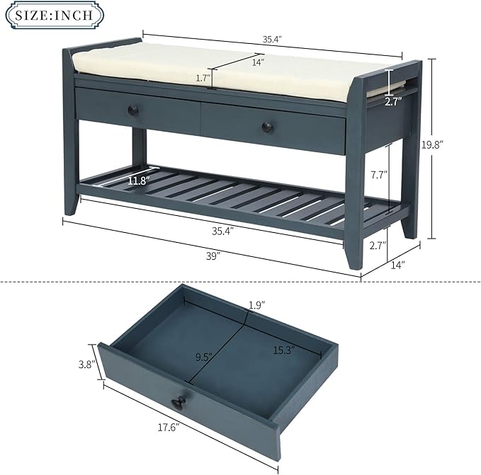 Knocbel Entry Storage Bench Shoes Rack with Cushioned Seat, 2 Drawers & Slatted Shelf, Living Room Entryway Hallway Foyer Shoe Bench Bedroom End of Bed Bench (Antique Navy)