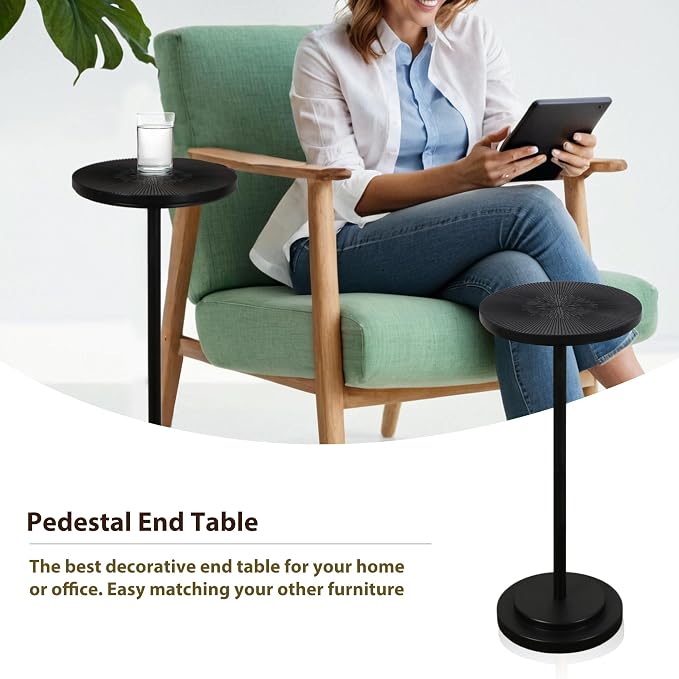 COVLON Drink Table Set of 2, Small Round Pedestal Side Table with Carved Top for Living Room, Bedroom, Small Space, Corners and Office, Black