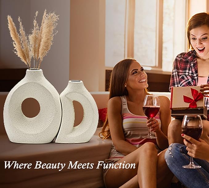 White Unique Ceramic Vase Set of 2, Modern Combination Vase Hollow Round Matte for Pampas Grass, Dried Fresh Flowers Home Decor Christmas Wedding Party Table Centerpiece