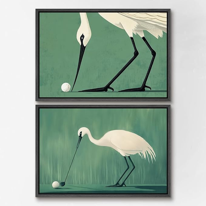 SIGNWIN Framed Canvas Print Wall Art Set Funny Crane Playing Golf Whimsical Bird Illustrations Modern Art Rustic Minimal for Living Room, Bedroom, Office - 24"x36"x2 Black