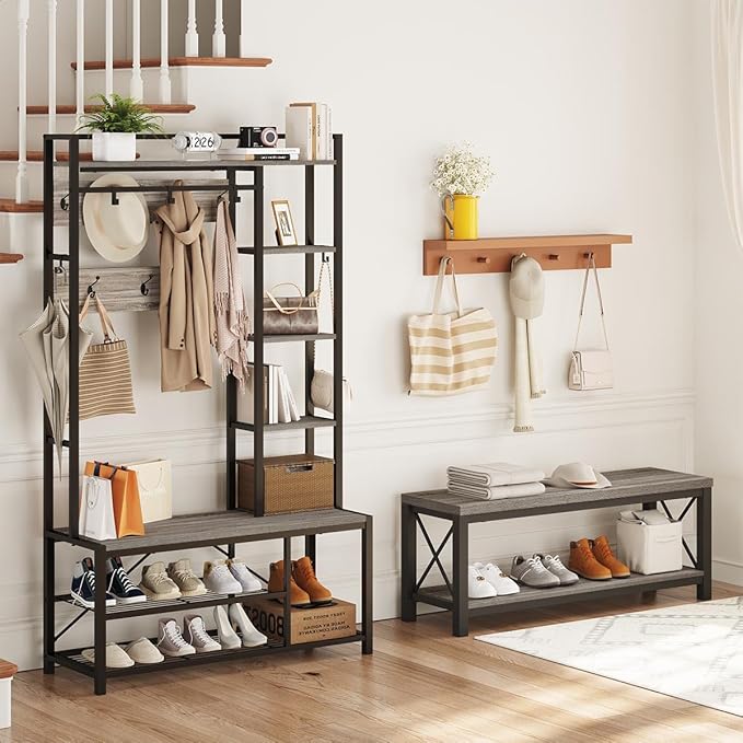 BON AUGURE Entryway Bench with Shoe Storage, 47" Modern Industrial Wood & Metal Hallway Bench for Mudroom, Living Room in Dark Grey Oak
