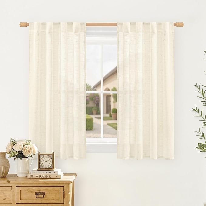 LAMIT Beige Sheer Linen Curtains 48 Inch Length, Light Filtering Short Kitchen Window Drapes Back Tab and Rod Pocket Neutral Farmhouse Panels for Bedroom/Cafe, 2 Panels, 34 x 48 Inch