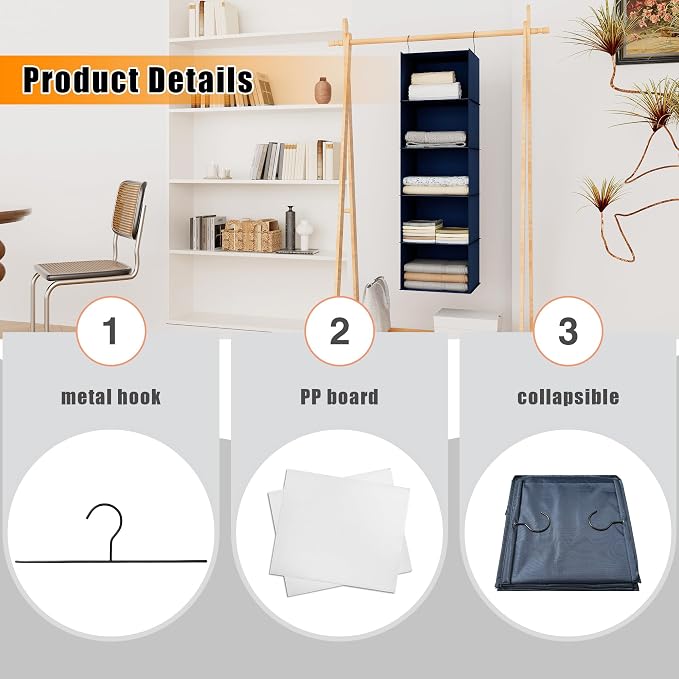 Hanging Closet Organizer and Storage 5-Shelf, Easy Mount Foldable Hanging Closet Wardrobe Storage Shelves, Clothes Handbag Shoes Accessories Storage, Washable Oxford Cloth Fabric, Navy Blue