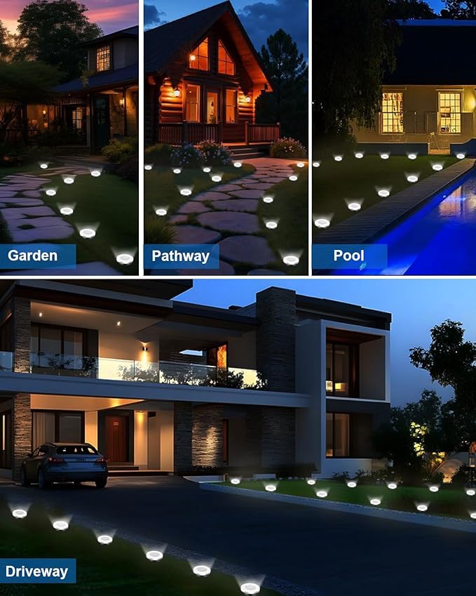 Solar Lights Outdoor Waterproof, 2 Pack 8 LED, Thickened Stainless Steel Ground Light, Solar Garden Lights Landscape Lighting for Patio Pathway Lawn Yard Deck Driveway Walkway, Warm White