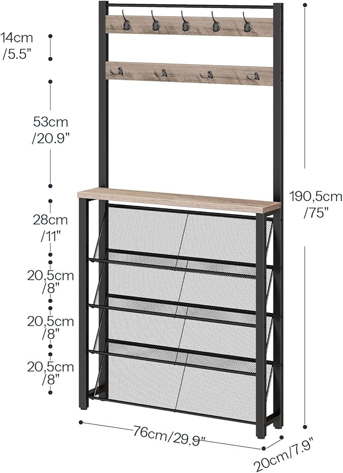 HOOBRO Hall Tree with Bench, Narrow Shoe Rack with Coat Rack, Coat Rack with Shoe Storage, 5 Tier Slanted Shoe Storage Organizer, Coat and Shoe Rack Entryway, Slim Hall Tree, Greige BG20MT01