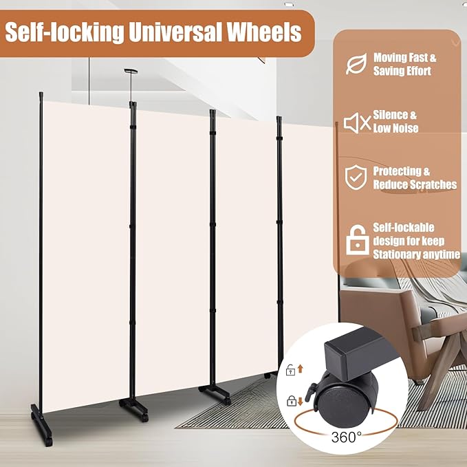 Room Divider Portable 88'' Partition Room Dividers/Wheel, 4 Panel Wall Divider for Room Partition, Freestanding Fabric Room Divider Panel Screen, Space Separation Separator for Home Office Privacy