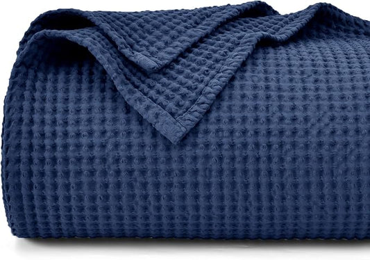 PHF Pre-Washed 100% Cotton Waffle Weave Blanket Queen Size for Bed,Snag Proof Throw Blanket for Couch Spring Summer Lightweight Breathable,Machine Washable, Home Decor Gift - Navy Blue/Bright Blue