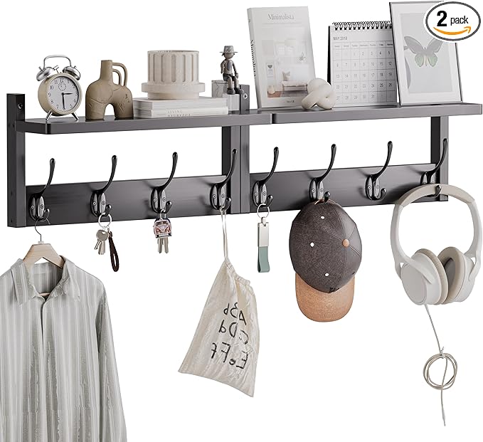 STELLSTAR Coat Rack with Shelf, 2 Pack Bamboo Wall-Mounted Coat Hanger with 8 Hooks for Entryway, Hallway, Kitchen, Bathroom, Living Room, Utility Room (Black)