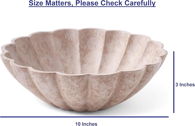 Large Decorative Bowl, Modern Storage Bowls for Home Decor, Artificial Stone Beige Color, Stylish Decorative Fruit Bowl for Kitchen Counter, Key Bowl for Entry Table, Ruffle Decor