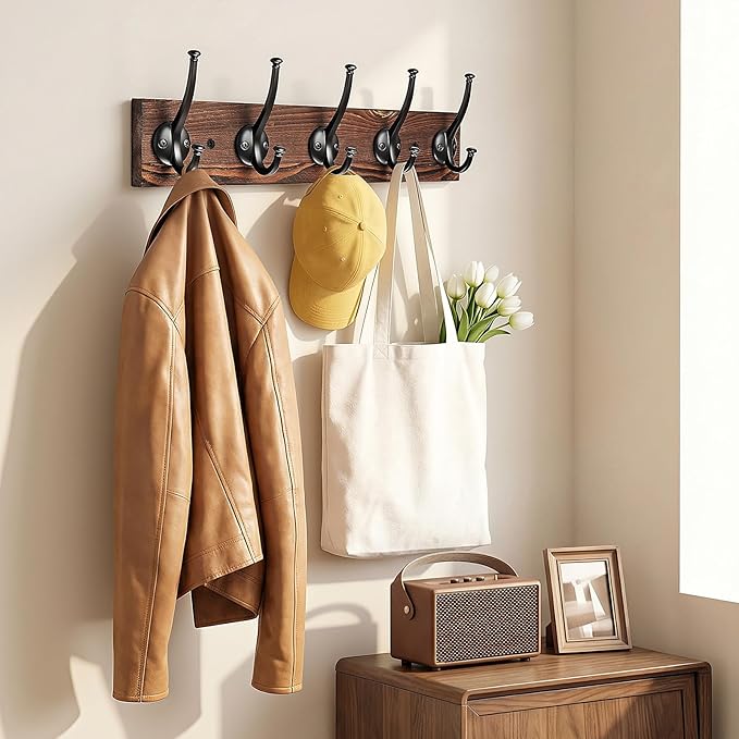 Wall Mounted Coat Rack, Natural Wood Floating Shelf with 5 Heavy Duty Black Metal Hooks, Multi-Purpose Hat, Key, Towel, and Bag Hanger for Entryway, Bathroom, Bedroom, Mudroom