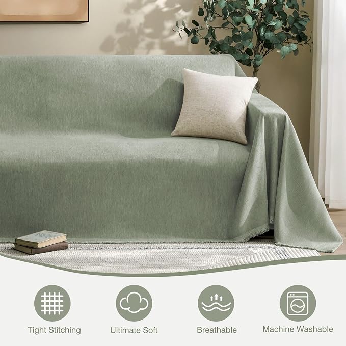 Couch Cover for Dogs Sectional Sofa Covers Washable for 2 Cushion Couch, Chenille Couch Cover Blanket, Sectional Sofa Slipcovers, Multi-Use Furniture Protector for Kids, Pets, 91" X134", Sagegreen