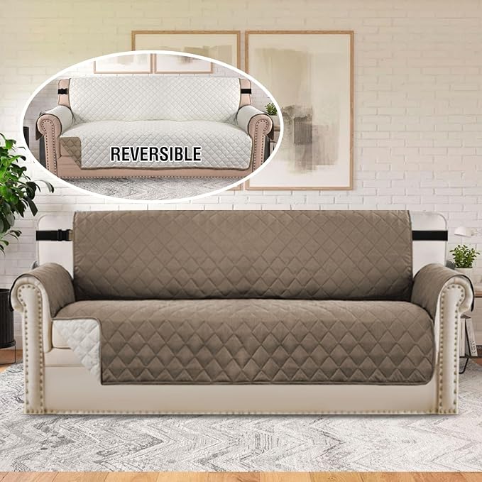 H.VERSAILTEX Reversible Sofa Cover for 3 Cushion Couch Water Resistant Couch Cover for Dogs Non Slip Furniture Protector Cover with Elastic Strap for Pet Cat(Oversized Sofa, Taupe Brown/Beige)