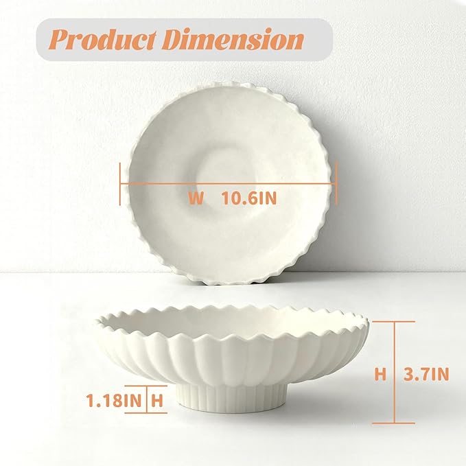 Large Decorative Bowl, 10.6-Inch Handmade Modern Ceramic Centerpiece Bowl with Scalloped Edge, Perfect as Fruit Bowl, Key & Jewelry Catchall, Candy Bowl for Home, Kitchen, Entryway Table Decor