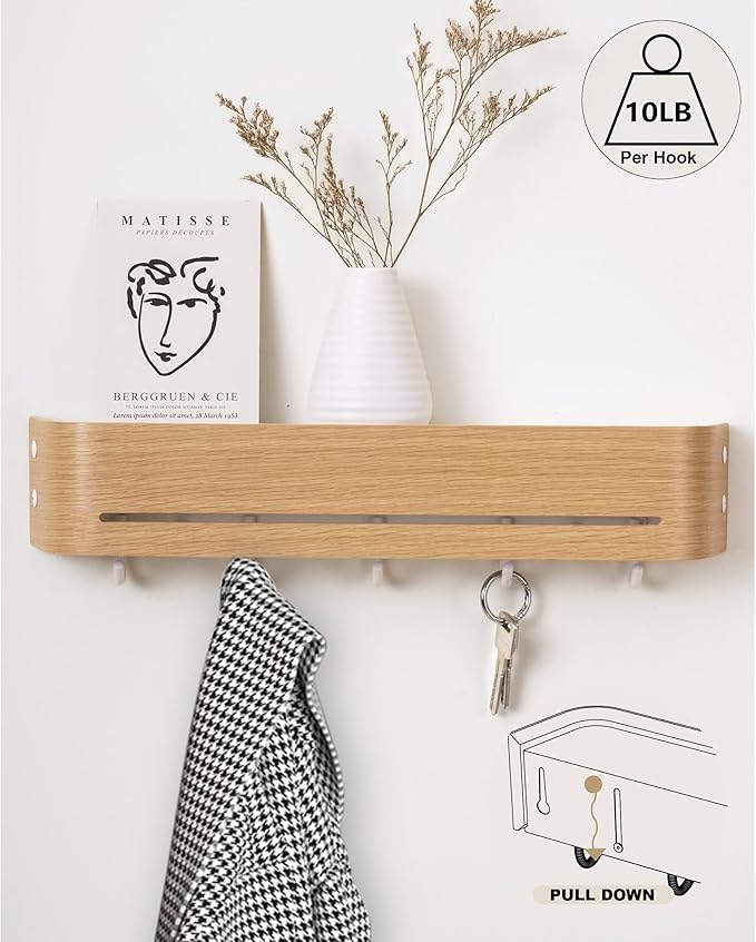 GEMAPOCO® Key Holder Wall Mount with 5 Retractable Hooks, 17-inch Finland-Designed Key Hanger with Shelf, Modern Coat Rack Wall Mount,Minimalist Space-Saving Entryway Furniture - Oak