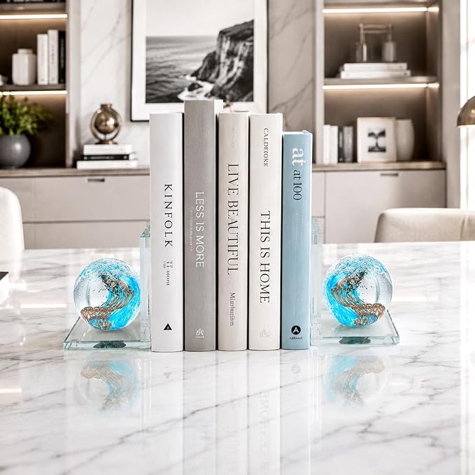 Glass Book Ends Set of 2, L-Shaped Bookends with Sea Wave Ball Design – Non Skid Heavy Duty Decorative Book Stopper for Shelves, Desk, and Home Office